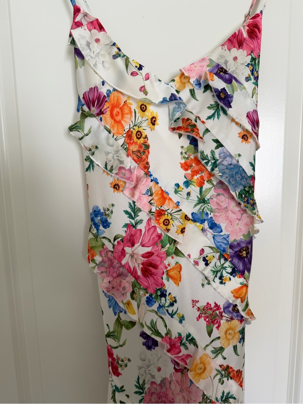 Show Me Your Mumu Floral Ruffle Maxi Dress in Ivory with Pink, Green, Blue - Picture 3 of 4